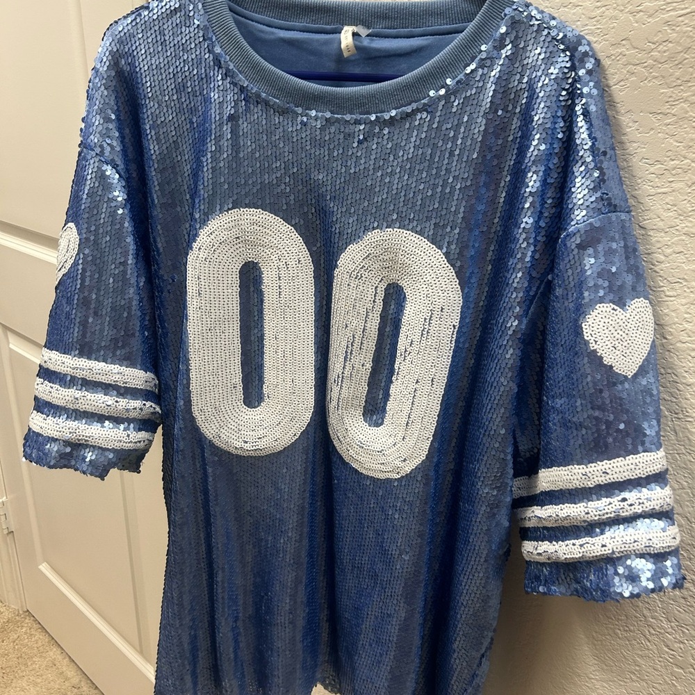 Blue Sequin Jersey Top with White Accents
